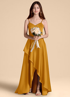 Azazie Prisha Junior Butterscotch A-Line Pleated Stretch Satin Dress image6