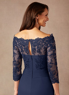 Azazie Rhonda Mother of the Bride Dresses Dark Navy Mermaid Off the Shoulder Mesh Dress image8