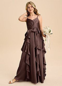 Azazie Peyton Junior Ganache A-Line Pleated Stretch Satin Dress image3