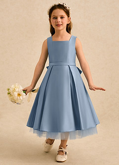 Azazie Josie Flower Girl Dresses Dusty Blue A-Line Pleated Matte Satin Dress image4