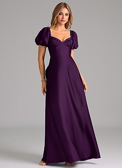 Azazie Fatima Bridesmaid Dresses Grape A-Line Pleated Stretch Satin Dress image1