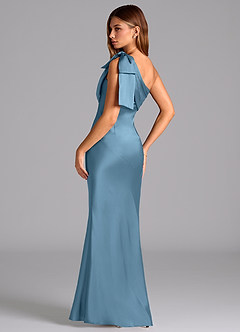Azazie Yuanna Vestidos de damas de honor Vestido de Azul Acero de Satén Elástico de Corte Sirena con Hombro unilateral image6