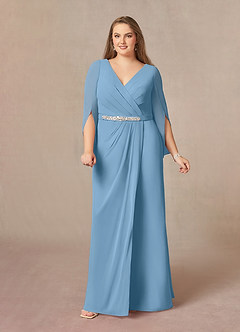 Azazie Belinda vestidos de madre de la novia Vestido de Azul Acero de Gasa de Corte En A con Cuello en V Plisado image8