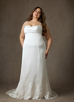 Azazie Eliora At-home Try On Dresses Diamond White Fit and Flare Stretch Satin Dress image13