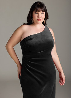 Azazie Argan Bridesmaid Dresses Black A-Line One Shoulder Pleated Velvet Dress image12