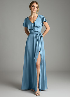 Azazie Lainey Bridesmaid Dresses Steel Blue A-Line with Pockets Stretch Satin Dress image3