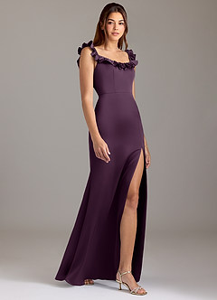 Azazie Callie Bridesmaid Dresses Plum A-Line Ruched Stretch Satin Convertible Dress image4