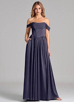 Azazie Raisa Bridesmaid Dresses Stormy A-Line Off the Shoulder Stretch Satin Dress image1