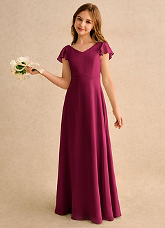 Azazie Nari Girls Formal Robe Demoiselle D'honneur Fillette Robe Trapèze en Mousseline de soie avec manches Bourgogne image1