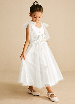 Azazie Minia Flower Girl Dresses Ivory A-Line Bow Matte Satin Dress image3