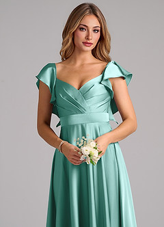 Azazie Leilani Bridesmaid Dresses Aqua A-Line Ruched Stretch Satin Dress image5