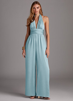 Azazie Oli Robes de demoiselle d'honneur Combinaison en Satin extensible Plissée Bleu Ciel image3