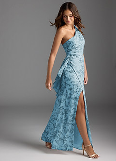 Azazie Maive Bridesmaid Dresses Blue Fern Floral Sheath Pleated Ruffle Chiffon Dress image4