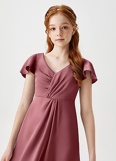 Azazie Soren Junior Abito A-Line in Raso Elasticizzato Increspato Rosa Del Deserto image3