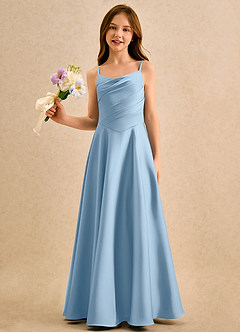 Azazie Coconut Girls Formal Flower Girl Dresses Powder Blue A-Line Pleated Stretch Satin Dress image1