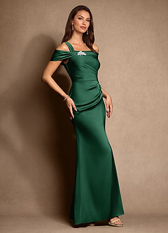Azazie Altonia Mother of the Bride Dresses Dark Green Mermaid Off the Shoulder Stretch Satin Dress image2