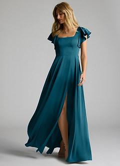 Azazie Bondi Bridesmaid Dresses Ink Blue A-Line Bow Stretch Satin Dress image10
