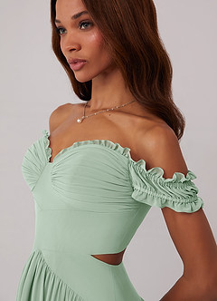 Barbie ♥ Azazie Jurken voor bruidsmeisjes Converteerbaar Jurk van Chiffon met A-Lijn Off the Shoulder Agave image5