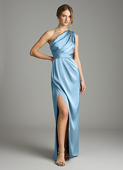 Azazie Emorie Final Sale Steel Blue Sheath One Shoulder Stretch Satin Dress image1