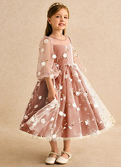 Azazie Elowen vestidos de niña de las flores Vestido Naranja Quemada de Encaje de Línea A con Escote corazón image4