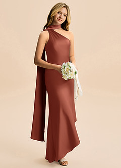 Azazie Briony Junior Vestido Castanho Aloirado de Cetim elástico de Bainha com Plissado image4