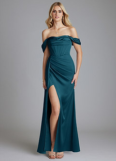 Azazie Amyra Bridesmaid Dresses Ink Blue Mermaid Off the Shoulder Stretch Satin Convertible Dress image9