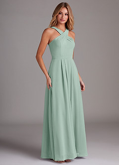 Azazie Dixie Bridesmaid Dresses Agave A-Line Halter Pleated Chiffon Dress image4