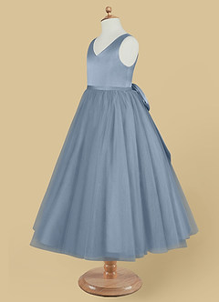 Azazie Marybell Flower Girl Dresses Dusty Blue A-Line Bow Tulle Dress image7