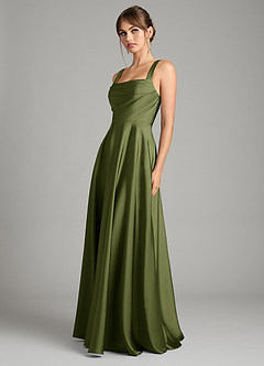 Azazie Shaude Bridesmaid Dresses Olive A-Line Pleated Stretch Satin Dress image5