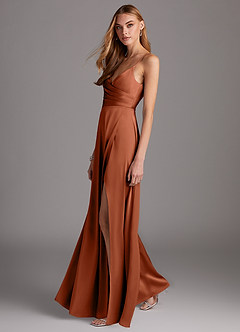 Azazie Calissa Bridesmaid Dresses Cedar Rose A-Line V-Neck Pleated Stretch Satin Dress image4