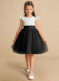 Azazie Vetty Flower Girl Dresses Ivory Black A-Line Lace Tulle Dress image6