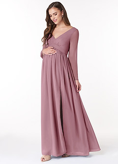 Azazie Teton Maternity Bridesmaid Dresses A-Line Long Sleeve Chiffon Floor-Length Dress image3