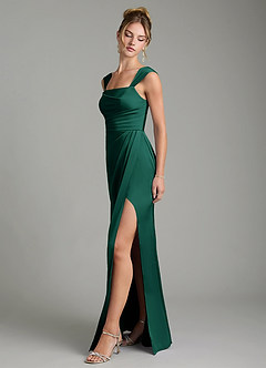 Azazie Filippa Bridesmaid Dresses Emerald A-Line Pleated Stretch Satin Dress image4