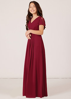 Azazie Peony Junior Burgundy A-Line Pleated Chiffon Dress image3
