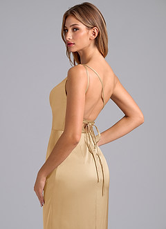 Azazie Naria Bridesmaid Dresses Gold Sheath One Shoulder Stretch Satin Dress image2