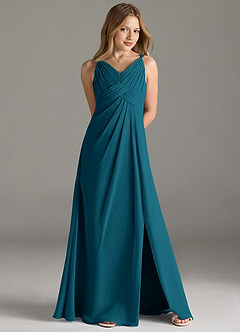 Azazie Maren Allure Junior Abito A-Line in Chiffon Pizzo Blu Inchiostro image4