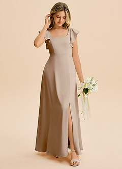 Azazie Bondi Junior Taupe A-Line Side Slit Stretch Satin Dress image3