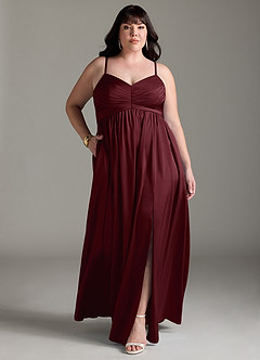 Azazie Alia Bridesmaid Dresses Cabernet A-Line Pleated Stretch Satin Dress image10