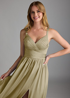 Azazie Chanel Bridesmaid Dresses Moss Green A-Line Pleated Stretch Satin Dress image3