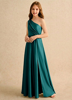 Azazie Puddles Girls Formal Abiti da Ragazza di Fiori Abito A-Line in Raso Elasticizzato Monospalla Verde Pavone image4