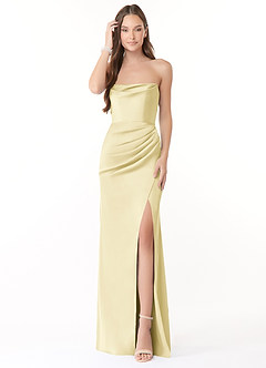 Azazie Leonis Jurken voor bruidsmeisjes Converteerbaar Jurk van Stretch Satijn met Zeemeermin Geplooid Citroensorbet image2