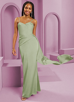 Barbie ♥ Azazie Vestidos de damas de honor Vestido de Salvia Polvorienta de Satén Elástico de Corte Recto Convertible con Sin tirantes image3
