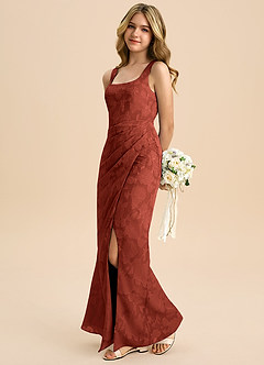 Azazie Mero Junior Jurk van Bloemen Burn-out met Kolom Geplooid Terracotta image6