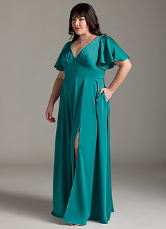 Azazie Kimber Bridesmaid Dresses Teal A-Line Ruched Stretch Satin Dress image10