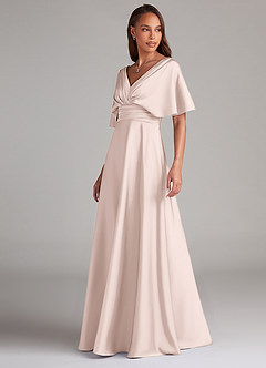 Azazie Pamela Robes de demoiselle d'honneur Robe Trapèze en Satin extensible Plissée Rose Pâle image4