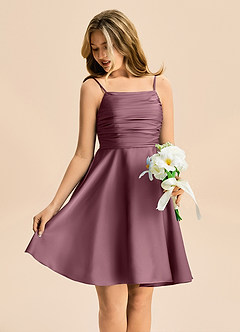 Azazie Miko Junior Amethyst A-Line Pleated Stretch Satin Dress image4