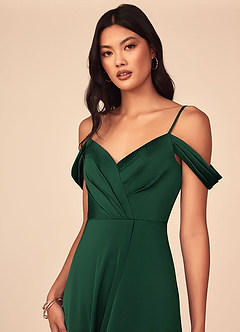 Azazie Ocean Bridesmaid Dresses Dark Green A-Line V-Neck Pleated Stretch Satin Dress image8