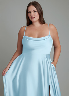 Azazie Elle Vestidos de damas de honor Vestido Azul Cielo de Satén Elástico de Línea A con Plisado image10