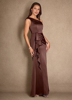 Azazie Hamptons Vestidos para mãe da noiva Vestido Café Expresso de Cetim elástico de Linha A com Plissado image3