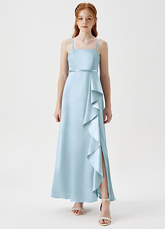 Azazie Kaylee Junior Sky Blue A-Line with Belt Metallic Satin Dress image5